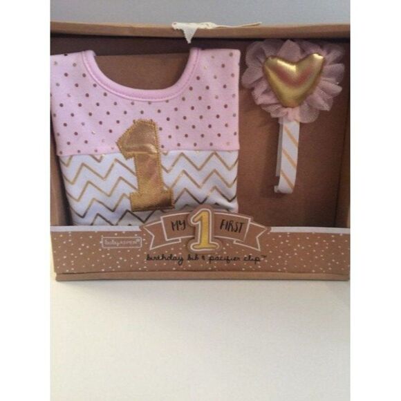 Pink and Gold Bib and Binky clip - Picture 1 of 4